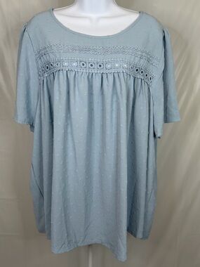 Blue Swiss Dot Blouse 3X Short Sleeve Textured Flowy Plus Size Babydoll Top